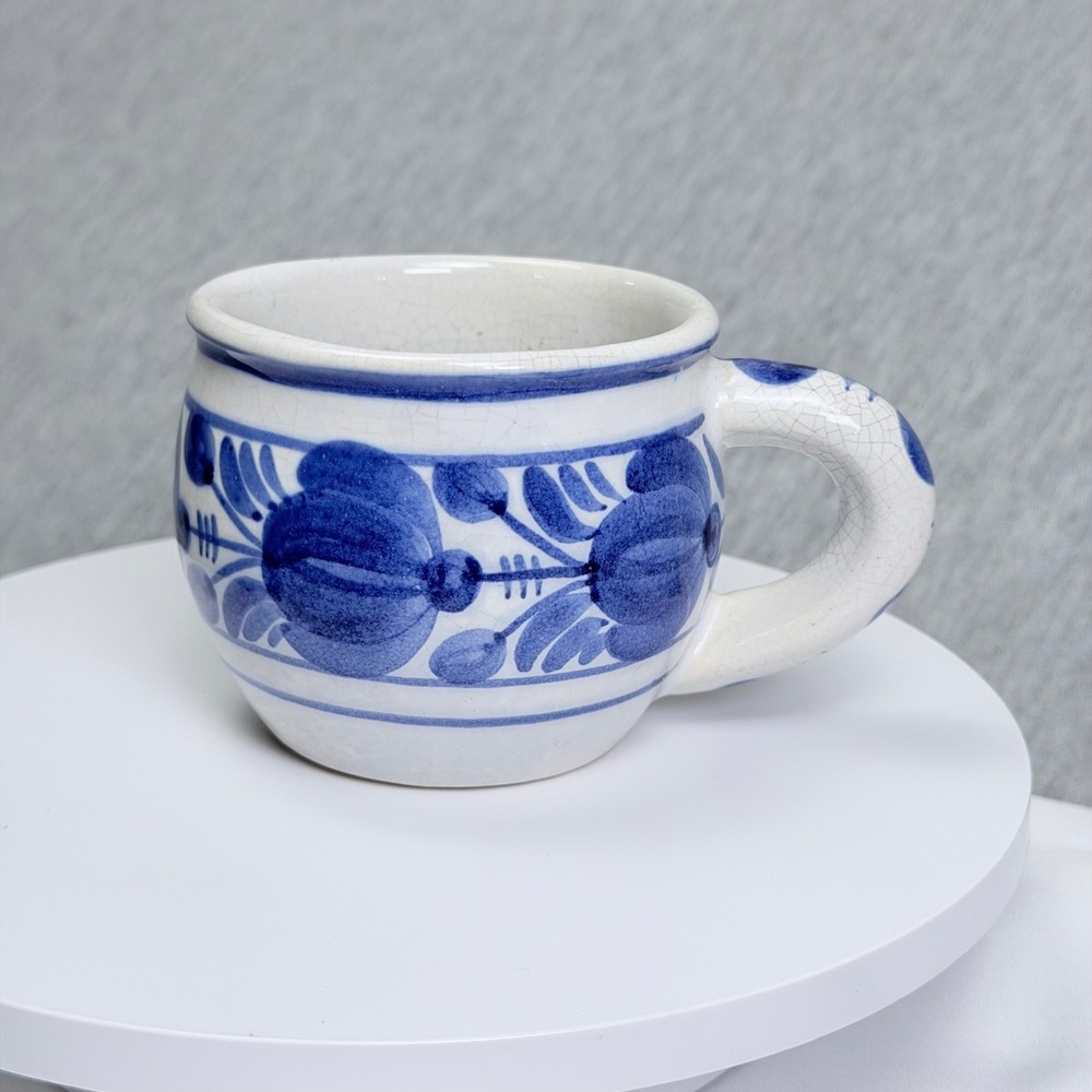 Vintage Hand Painted Blue Floral Ceramic Mug White Crackle Glaze Pottery Cup